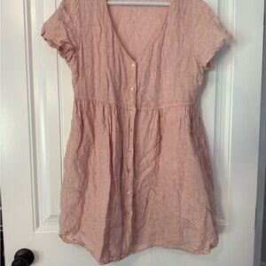 Jillian Harris - Button-Front Pink V-Neck Linen Tunic dress